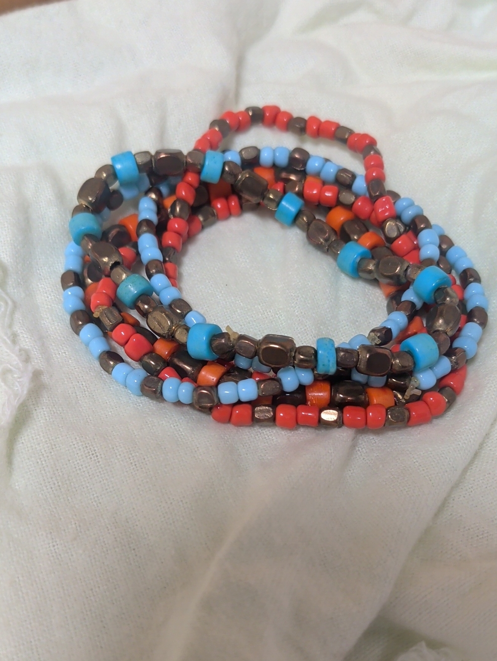Multicolor Multi Strand Beaded  Bracelet - Turquoise, Coral, Sky Blue & Bronze
